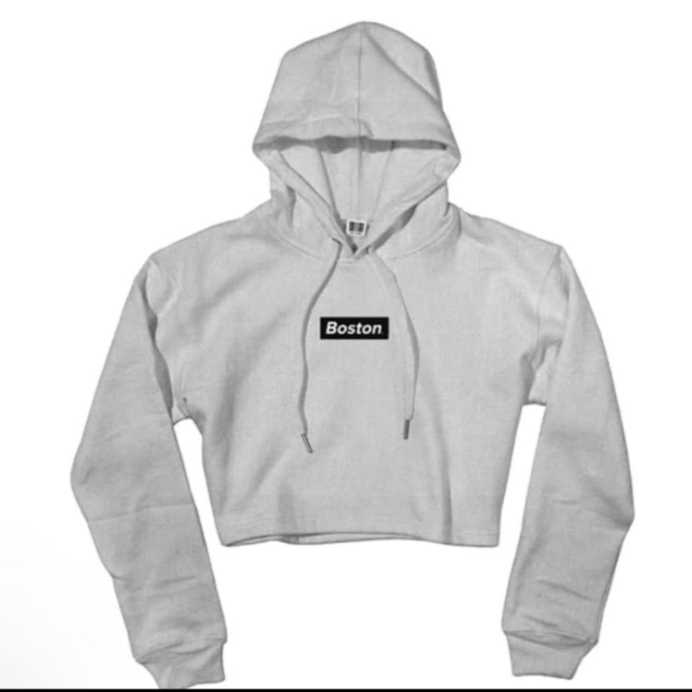 Ladies Women's Gray Boston Crop Sweatshirt Hoodie sz Large